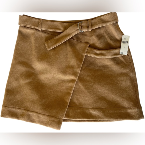Anthropologie Camel Tan Wool Blend Belted Wrap Mini Skirt - Picture 4 of 12